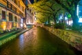 KYOTO, JAPAN - JULY 05, 2017: Kyoto, Japan at the Shirakawa River in the Gion District during the spring. Cherry blosson Royalty Free Stock Photo