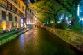 KYOTO, JAPAN - JULY 05, 2017: Kyoto, Japan at the Shirakawa River in the Gion District during the spring. Cherry blosson Royalty Free Stock Photo