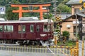 Hankyu Arashiyama Line train on Matsuo-taisha Station. Kyoto, Japan