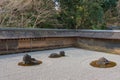 The Kare-sansui dry landscape zen garden at Ryoan-ji Temple in Kyoto, Japan. It is part of Historic Royalty Free Stock Photo
