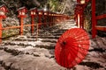 Kyoto, Japan. Kifune shrine in snowy winter night. Japanese umbrella on the stone stairs. Royalty Free Stock Photo