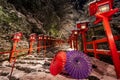 Kyoto, Japan. Kifune shrine in snowy winter night. Japanese umbrella on the stone stairs. Royalty Free Stock Photo