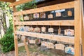 Traditional wooden prayer tablet Ema at Nagao Tenmangu Shrine in Fushimi, Kyoto, Japan. The Shrine Royalty Free Stock Photo