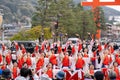 Kyoto Sakura Yosakoi ( Sakuyosa ) festival. A group of dancers dancing down a street around Heian Shrine. Japan. Royalty Free Stock Photo