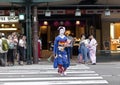 KYOTO, JAPAN - MAY 26,2016: Maiko in kimono performs in Gion district on May 26, 2016 in Kyoto, Japan. Maiko is a geisha Royalty Free Stock Photo