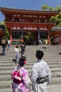 Kyoto, Japan - May 18, 2017: Main gate of the Yasaka jinja shrine in Kyoto with couple in kimono Royalty Free Stock Photo