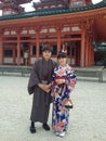 Japanese couple wearing traditional clothes at Heian Shrine.
