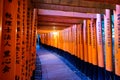 Kyoto, Japan - Nov 11 2017 : Pathway with red ancient wood torii gate and japanese letter at Fushimi Inari Royalty Free Stock Photo