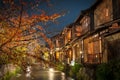 A stream runs past old wooden houses on Shirakawa Dori in the Gion district of Kyoto, Japan Royalty Free Stock Photo