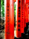 Closeup Japanese texts on torii gates at Fushimi Inari Shrine in Kyoto, Japan