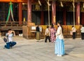 KYOTO, JAPAN - NOVEMBER 7, 2017: Girl in blue dress posing for photographer. Copy space for text.