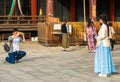 KYOTO, JAPAN - NOVEMBER 7, 2017: Girl in blue dress posing for photographer. Copy space for text.