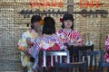 Group of Young Japanese Girls Wearing Traditional Geisha`s Kimono Dining At A Restaurant of Royalty Free Stock Photo