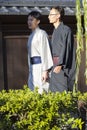 Pair of Males Posing in Geisha Kimono in Traditional Japanese Environment in Kyoto, Japan