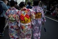 Kyoto japan - november10,2018 : unidentified woman wearing traditional kimono walking in yazaka shrine street one of most popular