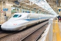 KYOTO, JAPAN - NOVEMBER 7, 2017: White train at the railway station. Copy space for text. Royalty Free Stock Photo