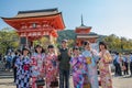 Women wearing kimonos at Kiyomizu-dera Temple in Kyoto Royalty Free Stock Photo