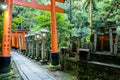 KYOTO, Japan. Path under the famous red wooden torii gates in Fushimi Inari-Taisha Shinto Shrine in Kyoto.