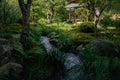 Mystical Japanese zen garden Sogenchi with little river at temple Tenryu-ji in Kyoto, Japan