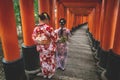 Women in kimono in tunnel of orange torii gates at Fishimi Inari Taisha shrine in Kyoto, Japan