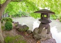 Kyoto Japanese garden in summer with pond and lantern Royalty Free Stock Photo