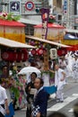 KYOTO - JULY 24: Unidentified Maiko girl (or Geiko lady) on parade of hanagasa in Gion Matsuri (Festival) held on July 24 2014 in Royalty Free Stock Photo