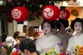 KYOTO - JULY 24: Unidentified Maiko girl (or Geiko lady) on parade of hanagasa in Gion Matsuri (Festival) held on July 24 2014 in Royalty Free Stock Photo