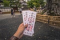 Kyoto - May 29, 2019: Tickets to Kinkakuji temple in Kyoto, Japan Royalty Free Stock Photo