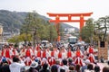 Kyoto Sakura Yosakoi ( Sakuyosa ) festival. A group of dancers dancing down a street around Heian Shrine. Japan. Royalty Free Stock Photo