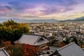 Kyoto skyline in sunset / sun rise sky view from from Kiyomizudera temple, Kyoto city, Japan Royalty Free Stock Photo