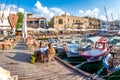 KYRENIA, CYPRUS - MAY 11, 2018: Cafe on the pier of Kyrenia Old