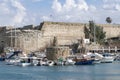 KYRENIA, CYPRUS - WINTER, 2019: Kyrenia castle. Sea pier with boats, ships and yachts. Historical place Royalty Free Stock Photo