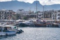 KYRENIA, CYPRUS - WINTER, 2019: Kyrenia town. Seafront Architecture. Historical and tourist place