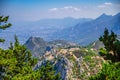 Kyrenia Girne mountain range from medieval Saint Hilarion Castle with green trees and rocks Royalty Free Stock Photo