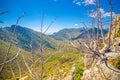 Kyrenia Girne mountains from medieval Saint Hilarion Castle, withered dried trees Royalty Free Stock Photo