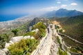 Kyrenia Girne mountains and town from medieval castle, Northern