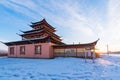 Kyrensky datsan Gandan Darzhaling in wintertime. Buddhist monastery in village of Kyren. Foothills of the Eastern Sayan,