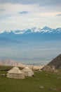 Kyrgyz traditional yurts in a high mountain valley near Kol-Ukok in the Tian Shan mountains of Kyrgyzstan