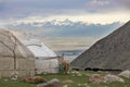 Kyrgyz traditional yurts in a high mountain valley near Kol-Ukok in the Tian Shan mountains of Kyrgyzstan at sunrise