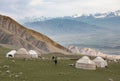 Kyrgyz traditional yurts in a high mountain valley near Kol-Ukok in the Tian Shan mountains of Kyrgyzstan at sunrise Royalty Free Stock Photo