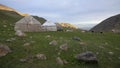 Kyrgyz traditional yurts in a high mountain valley near Kol-Ukok in the Tian Shan mountains of Kyrgyzstan at sunrise Royalty Free Stock Photo