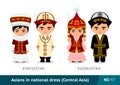 Kyrgyzstan, Kazakhstan. Men and women in national dress. Set of asian people wearing ethnic traditional costume.