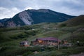 Kyrgyzstan yurt camp in the mountains with a beautiful landscape view at sunset