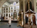 Kyshtym, Russia, January, 15, 2020. Woman inside of the Cathedral of the Nativity of Christ in Kyshtym, Chelyabinsk region