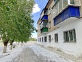 Kyshtym, Russia, June, 07, 2021. Poplar fluff covers the street of Metalworkers in June in the city of Kyshtym. Russia, Chelyabins Royalty Free Stock Photo