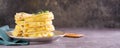 Kystyby - a thin flatbread filled with mashed potatoes and onions on a plate. Web banner Royalty Free Stock Photo