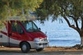 Beautiful camper van parked near the beach of Agia Pelgia in the north east in the island of Kythera