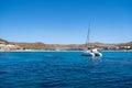 Kythnos Greek island, Kolona sandy beach, yacht background