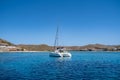 Kythnos Greek island, Kolona sandy beach, yacht background