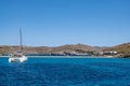 Kythnos Greek island, Kolona sandy beach, yacht background